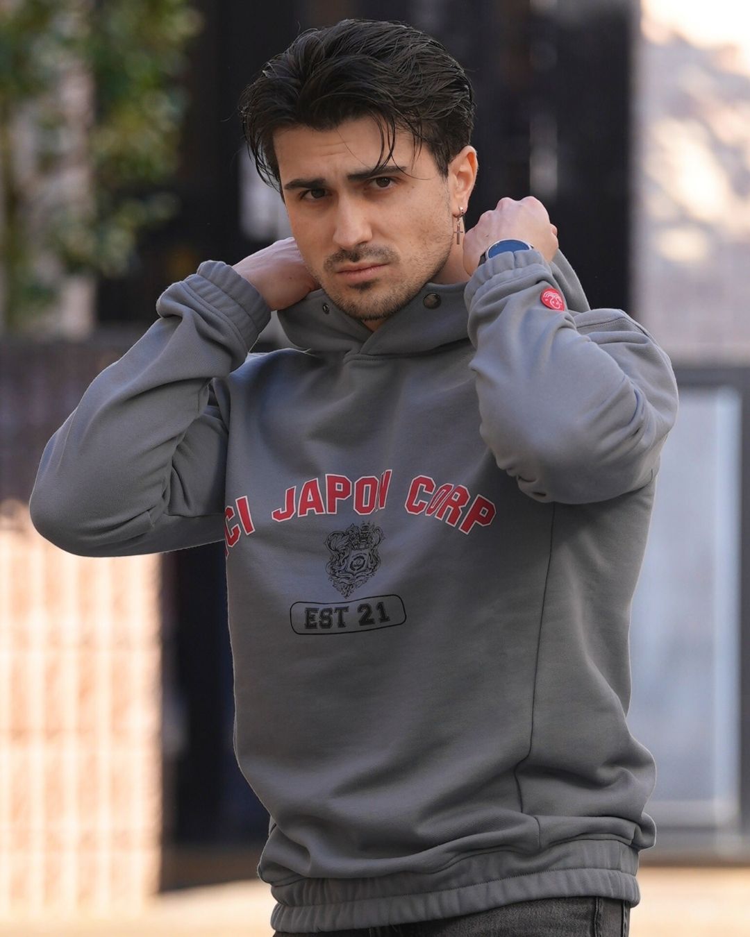 Pull à Capuche Atmos Homme, Gris Moyen, Motif Graphique Japonais, Taille M